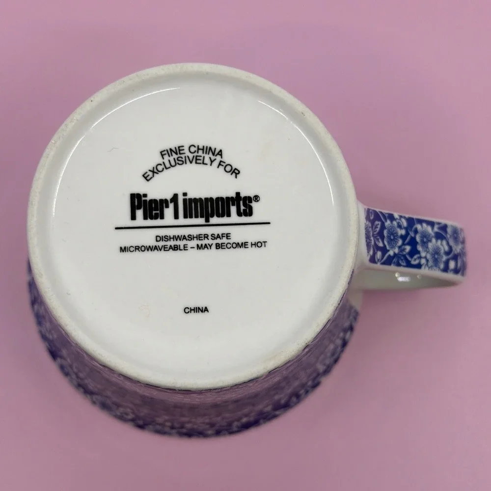 Pier 1 Imports Blue White Calico Floral Fine China Mug Coffee Tea Cup - Picture 4 of 9